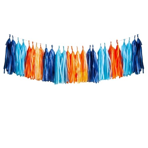 Dark Blue, Light Blue & Orange Tassel Garland Banner - 15 Paper Tassels, DIY Party Decorations