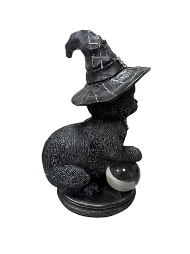 Gothic Black Cat Figurine Witch Cat with Glass Ball - Handcrafted Resin Decor