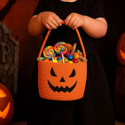 Halloween Trick or Treat Basket - Durable Cotton Rope Candy Container, 6.3x9 Inches