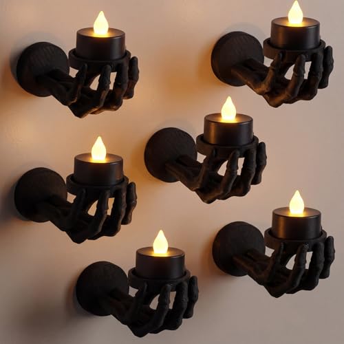 Halloween Skeleton Hand Wall Candle Holder Set - 6 Pieces with LED Candles