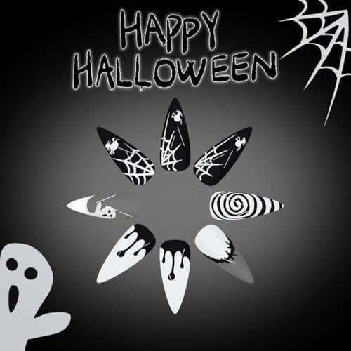 Halloween Press On Nails Long Stiletto Fake Nails with Designs - Spider Web & Ghost Style D24