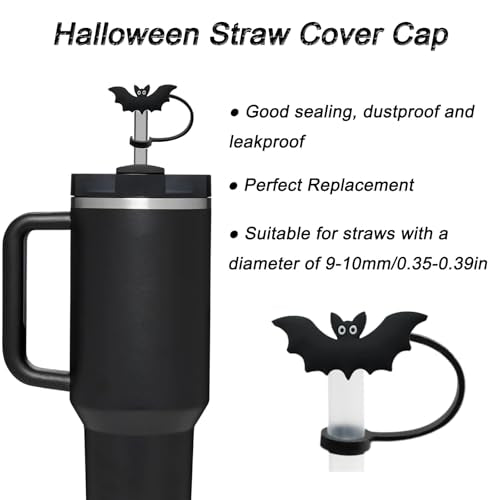 Halloween Silicone Straw Cover Cap for Stanley Cup - 6 Pack, Pumpkin Witch Ghost Skull Bat Designs - Halloween Variation