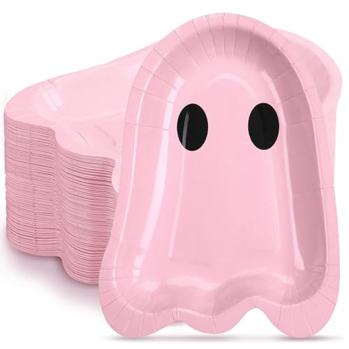 FoldTier 100 Pcs 9 Inch Ghost Halloween Paper Plates Pink Disposable Party Tableware