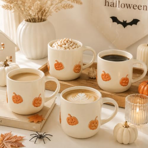 Halloween Pumpkin Mug Set of 4 - 16oz Ceramic Coffee Cups, Festive Jack-o'-Lantern Design