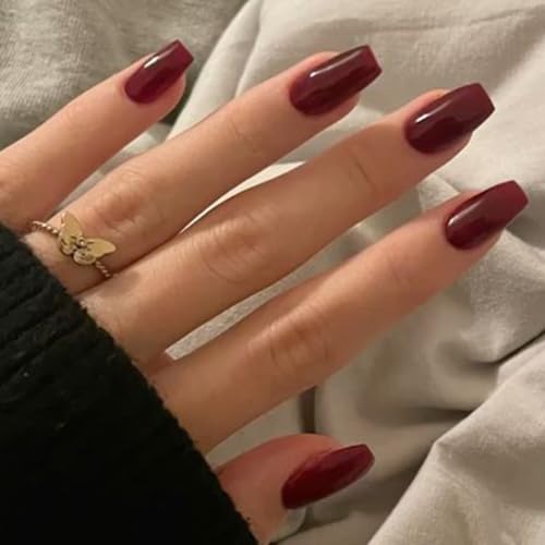 Modelones Coffin Press On Nails Short Fake Nails Dark Red A4 - Reusable, Easy Application