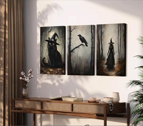 Halloween Wall Art Set Gothic Paintings Black Cat Crow Witch Canvas 16x12 Inches