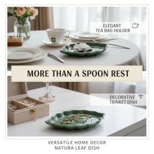 Green Leaf Ceramic Spoon Rest with Ice Crackle Pattern - Kitchen Counter Decor, 1 Piece