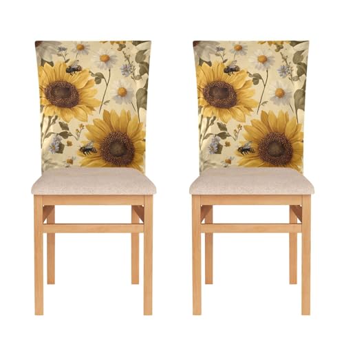 Dining Chair Covers Set of 2 - Sunflowers & Daisy Bees Pattern, Beige, 19.7x23.6 Inches - Halloween & Christmas Decor