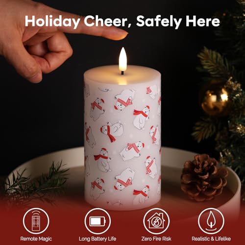 Eywamage Bear Winter Christmas LED Pillar Candles with Remote - Set of 3