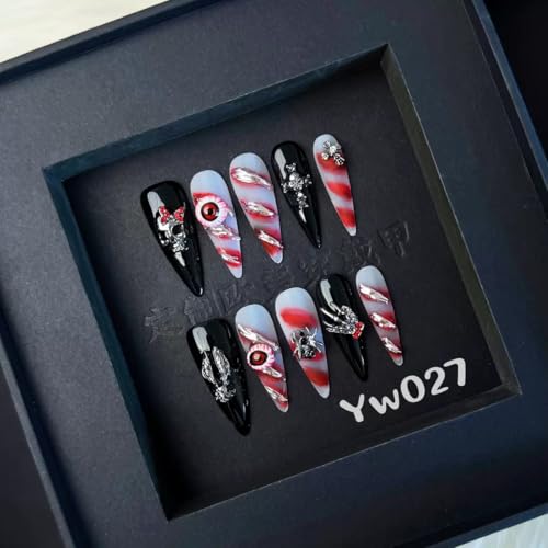 Halloween Long Stiletto Press On Nails Black Skeleton Spider Charm - Variation of Halloween-L