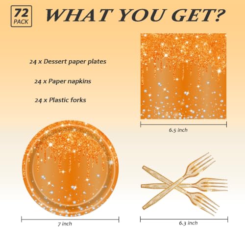 72 Pcs Orange Glitter Paper Plates Set 7in Disposable Dinnerware - Glitter / Orange Glitter