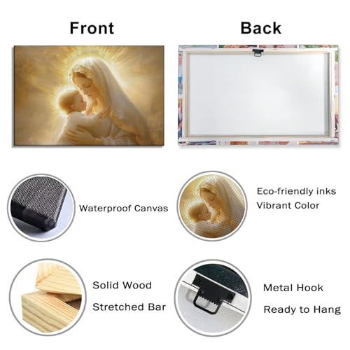 Virgin Mary Canvas Wall Art - Mother Mary Holding Baby Jesus in Gold - 18x12 Inches