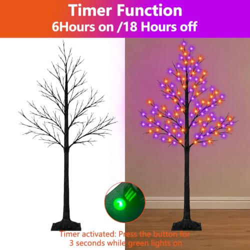 Lighted Halloween Artificial Tree Set - 6FT Black Birch with Orange & Purple LED Lights