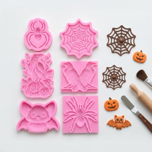 Halloween Silicone Fondant Mold Set of 6 with Spider Web Bat Crow Design - Style E