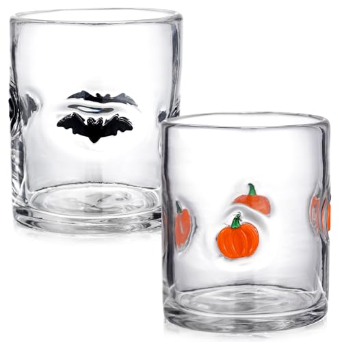 Halloween Juice Glasses Set - Bat and Pumpkin Design, 14 Oz, Festive Drinkware - 2 Pieces