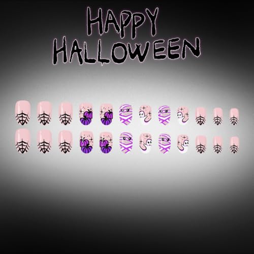 Halloween Short Almond Press-On Nails Set with Ghost Pumpkin Spider Web Mummy Design - HO09