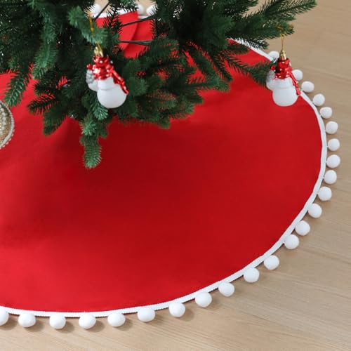 Red Christmas Tree Skirt 48 Inch with Pom Poms - Nonwoven Holiday Decor