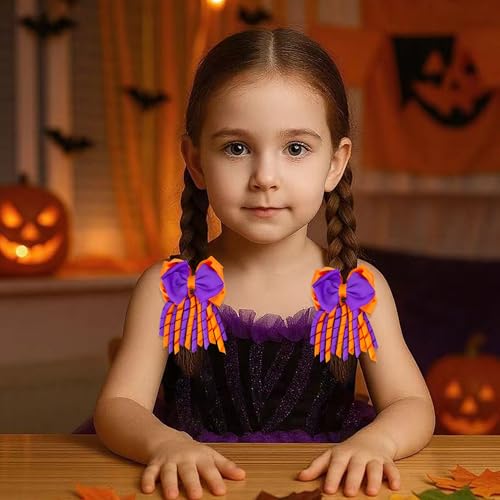 Halloween Hair Bows for Girls - Curly Ribbon 3-Layer Clip with Orange & Purple Variation