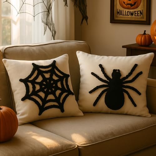 Halloween Pillow Covers 18x18 Inch Spider Web & Spider Pattern Set - Fall Decor