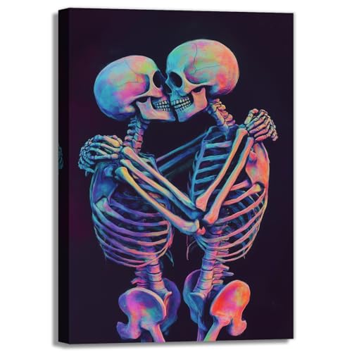 Skeleton Wall Art Kissing Skull Poster - Halloween Horror Decor 16x24 Framed Artwork Variation of Artwork-3