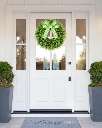 18 Inch Artificial Boxwood Wreath for Front Door Wall & Window Decor - Green Bow, All-Season Holiday Indoor Outdoor
