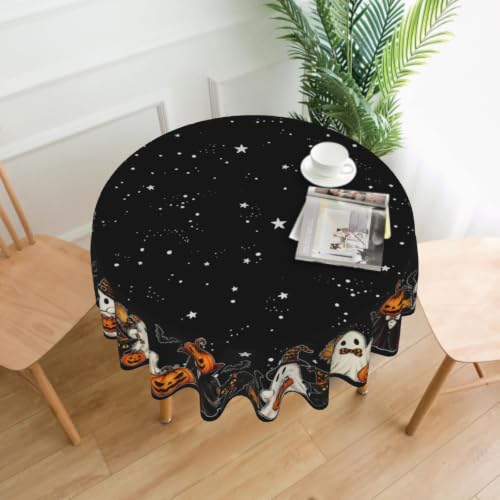 Halloween Round Tablecloth 60 Inch Ghost & Jack-o'-Lantern Design Water-Resistant Washable Table Cover - Black Cats Variation