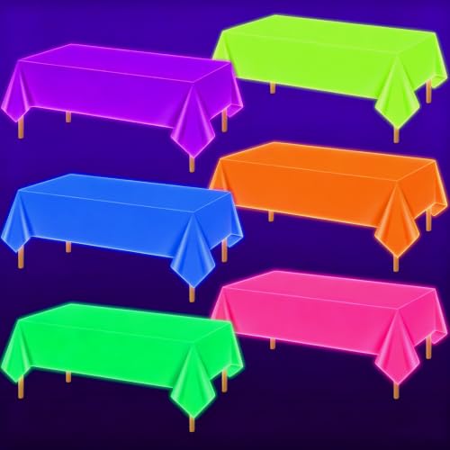 Neon Rainbow Tablecloths - 6 Pack Glow in the Dark Plastic Party Table Cover - Variation: Rainbow