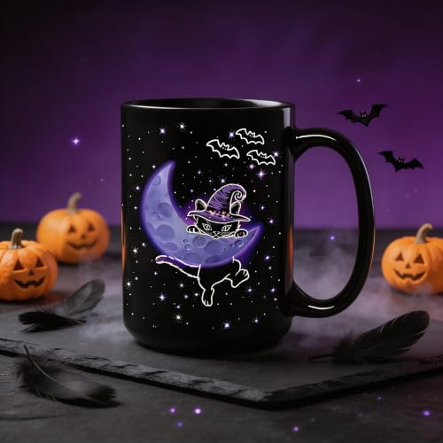Halloween Cat Mug 15oz Black Ceramic Coffee Cup - Wizard Cat Variation