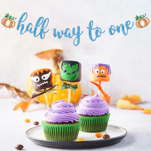Blue Glitter Pumpkin Half Birthday Banner for Baby Shower & Fall Celebrations