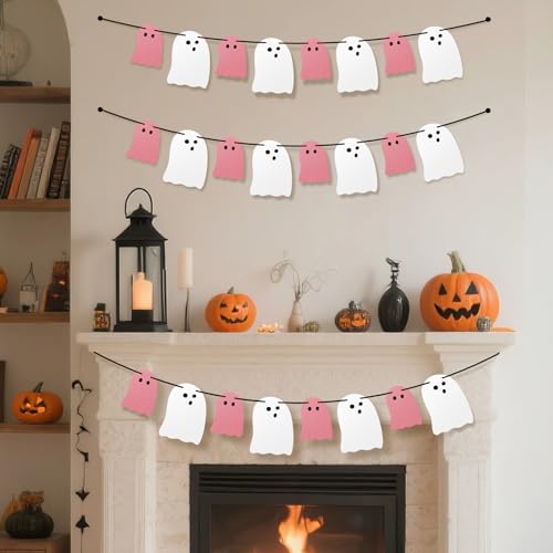 Halloween Ghost Banner Decor Set - Pink & White Hanging Ghost Garlands for Indoor Party & Home