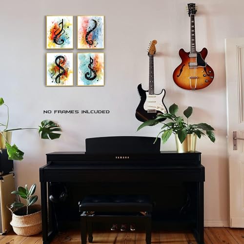 Unframed Music Notes Wall Art Set - 4 Pieces 8x10 Inches - Music Wall Decor