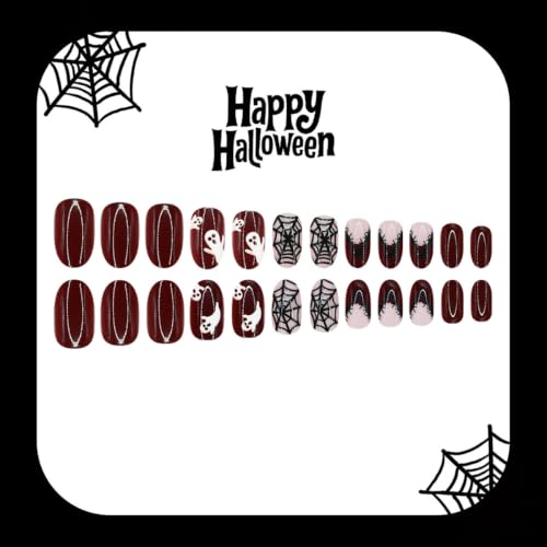 Halloween Press On Nails Medium Almond Burgundy Gradient Ghost Spider Web 30- - MJJNTTN