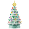 Hand Painted Ceramic Christmas Tree - Seafoam Snow Flocked 12-Inch Pre-Lit Tree with Multi-Color Lights & Star Toppers