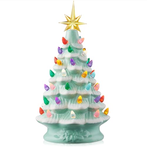Hand Painted Ceramic Christmas Tree - Seafoam Snow Flocked 12-Inch Pre-Lit Tree with Multi-Color Lights & Star Toppers