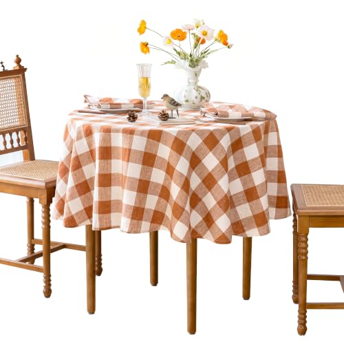 Gingham Linen Tablecloth 90 Inch Round Rust Plaid Checkered - Elegant Dining Decor