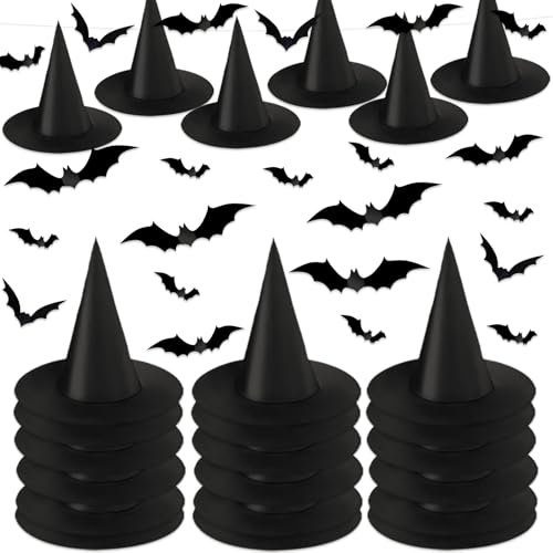 Halloween Witch Hat Set with 3D Bat Stickers - Indoor Outdoor Decorations, 24 Pieces