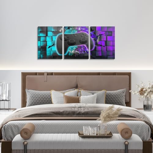 Gaming Canvas Wall Art Set - 3 Pieces Teal Purple Black Geometric Gaming Room Decor