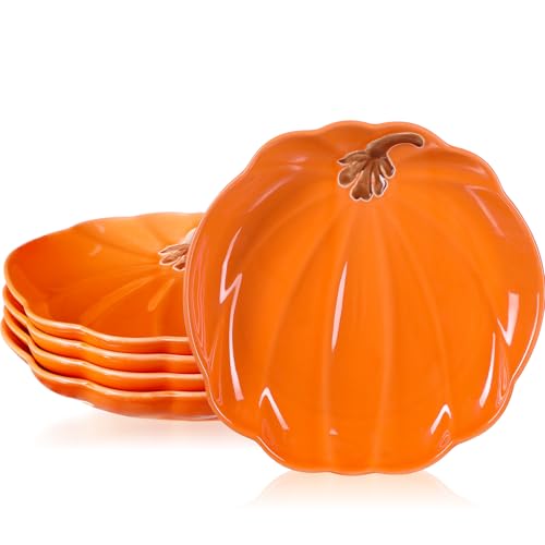 Pumpkin Ceramic Plates Set of 4 - 8 Inch Fall Thanksgiving Dinnerware - Versatile Serving Dishes for Salads Fruits and Desserts