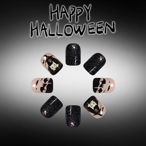 Halloween Press On Nails Short Square Black Ghost Bat Design with Glitter - Variation 26