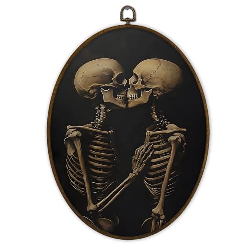 Skeleton Couple Wall Art - Gothic Oval Canvas Decor for Bedroom & Home, Variation of Skeleton