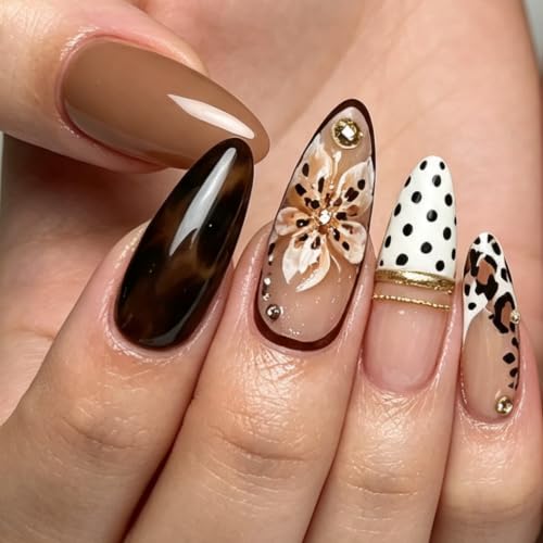 Floral Polka Dot Style 30Pcs Almond Medium Fake Nails with Leopard & Flower Design