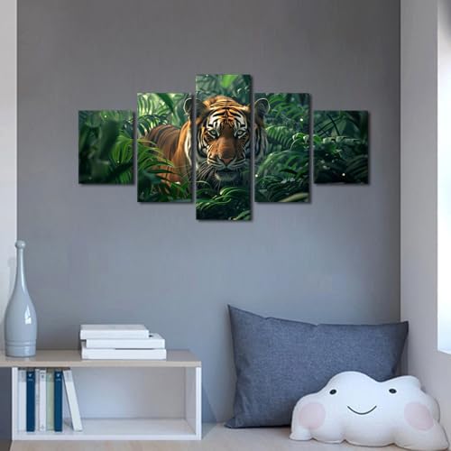 Tiger Canvas Wall Art - 5 Panel Jungle Animal Wall Decor for Living Room & Bedroom - 60x32 in - Variation of THIS listing