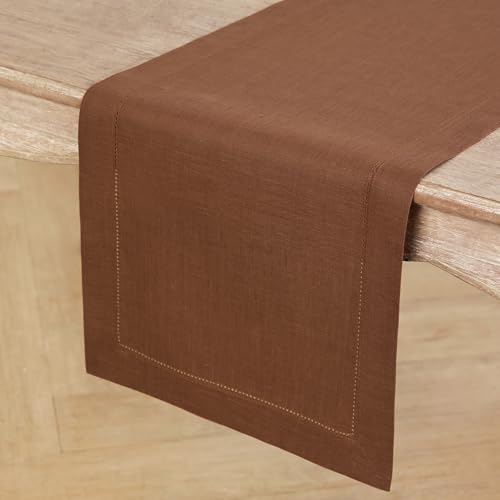 Pure Linen Dining Table Runner Brown Hemstitch 14 x 60 Inches - Handcrafted