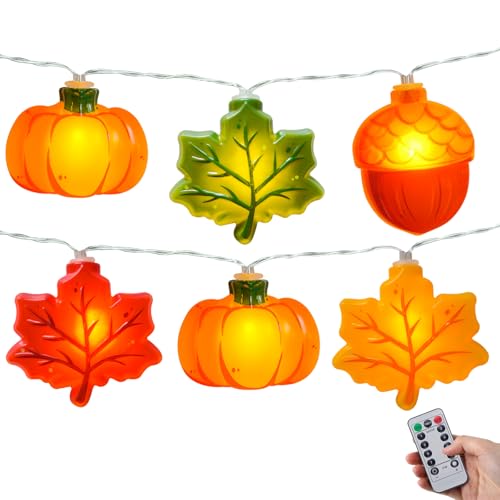 Multicolor Fall String Lights 10Ft Battery Operated 20 LED Acorn Pumpkin Maple Leaf with 8 Modes