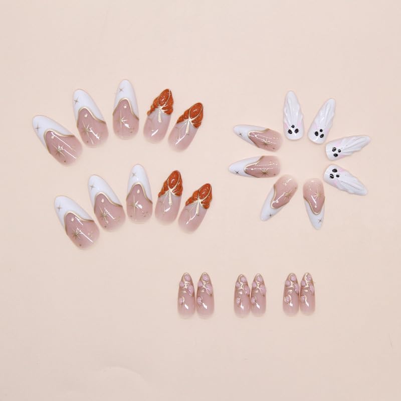 Halloween Press On Nails Set - Medium Almond Fake Nails with 3D Ghost & Pumpkin Designs - Style22
