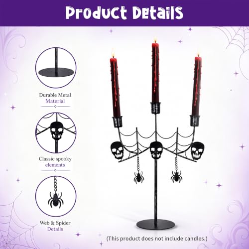 Halloween Skull Candle Holder - Gothic 3-Arm Black Metal Taper Candlestick for Indoor Decor