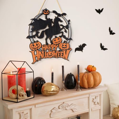 Halloween Welcome Sign for Front Door Headless Horseman Pumpkin Bat Wooden Hanging Sign Halloween Decor