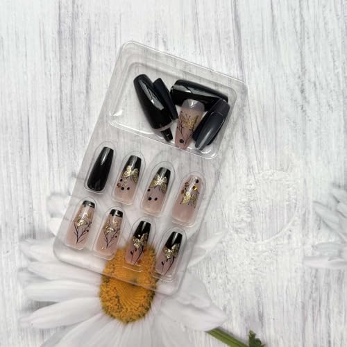 Press on Nails Long Coffin Shape French Gradient with Gold Glitter Butterfly Pattern - Variation 13