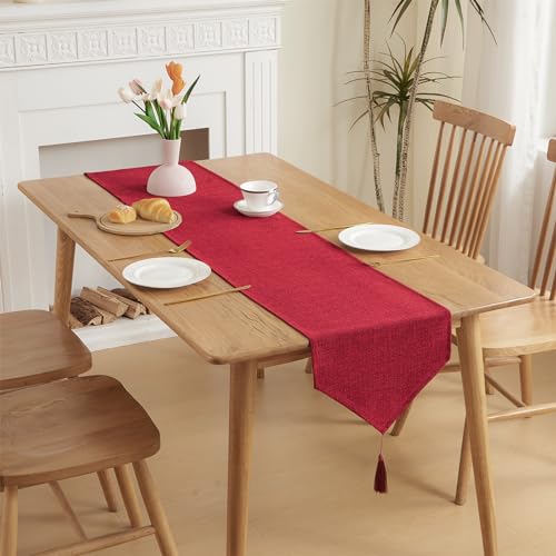 Burgundy Red Table Runner 14x71 Inch Linen-Like Water-Resistant Decor