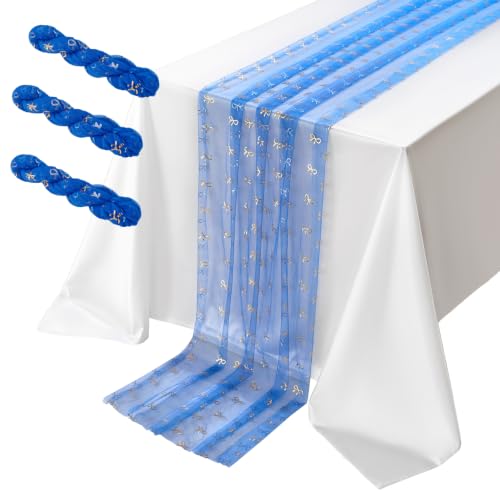 Royal Blue Gold 10FT Bow Table Runner 3Pc Sheer Gauze Sequin Tulle